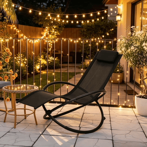 Espreguiçadeira de balanço 143,5 x 66 x 86 cm - ergonómica com encosto reclinável para exterior - Preto Espreguiçadeira de balanço 143,5 x 66 x 86 cm - ergonómica com encosto reclinável para exterior - Preto