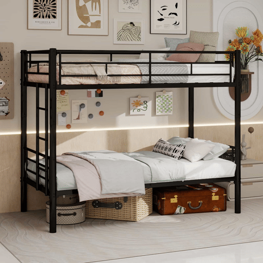 Beliche metálico Twin sobre Twin - estrutura metálica, convertível em 2 camas, com grade de proteção - Preto