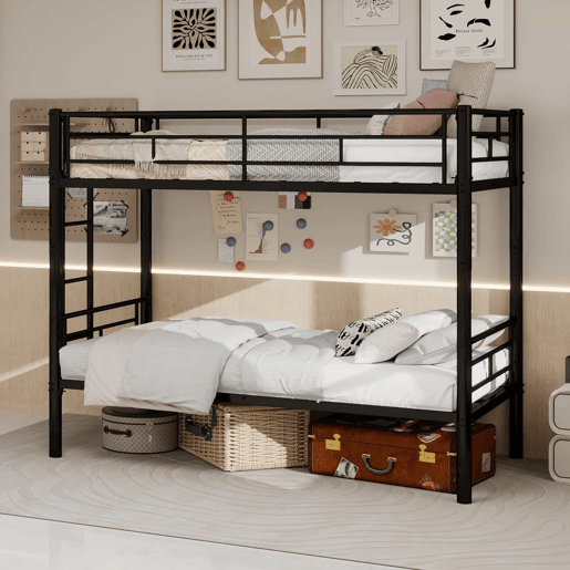 Beliche metálico Twin sobre Twin - estrutura metálica, convertível em 2 camas, com grade de proteção - Preto