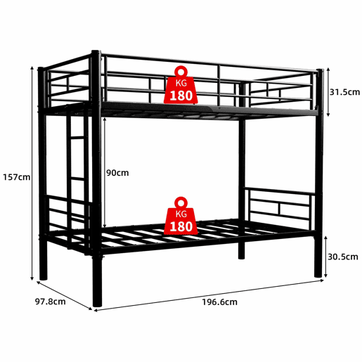 Beliche metálico Twin sobre Twin - estrutura metálica, convertível em 2 camas, com grade de proteção - Preto