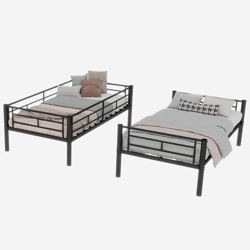 Beliche metálico Twin sobre Twin - estrutura metálica, convertível em 2 camas, com grade de proteção - Preto