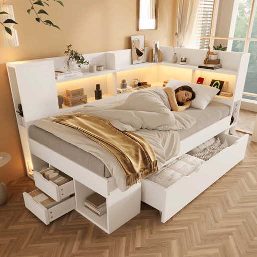 Cama extra 90x200 cm - LED, USB Tipo-C, armazenamento - branca Cama extra 90x200 cm - LED, USB Tipo-C, armazenamento - branca
