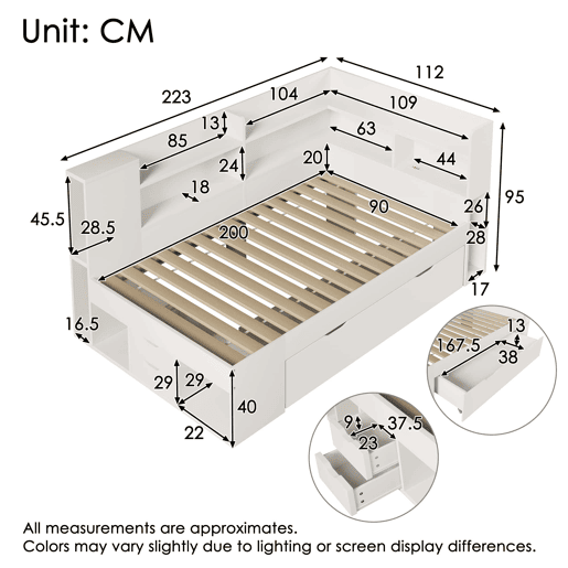 Cama extra 90x200 cm - LED, USB Tipo-C, armazenamento - branca Cama extra 90x200 cm - LED, USB Tipo-C, armazenamento - branca