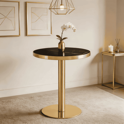 Mesa auxiliar redonda - Design em mármore, estrutura em aço inoxidável dourado, base estável e estilo luxuoso - Preto e dourado Mesa auxiliar redonda - Design em mármore, estrutura em aço inoxidável dourado, base estável e estilo luxuoso - Preto e dourado