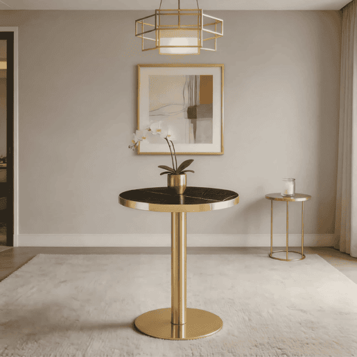 Mesa auxiliar redonda - Design em mármore, estrutura em aço inoxidável dourado, base estável e estilo luxuoso - Preto e dourado Mesa auxiliar redonda - Design em mármore, estrutura em aço inoxidável dourado, base estável e estilo luxuoso - Preto e dourado
