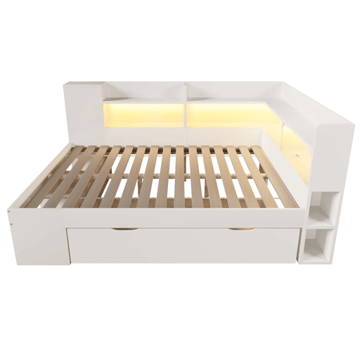 Cama funcional 140x200 cm - LED, USBTipo-C, arrumação e prateleiras - Branco Cama funcional 140x200 cm - LED, USBTipo-C, arrumação e prateleiras - Branco