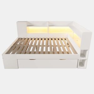 Cama funcional 140x200 cm - LED, USBTipo-C, arrumação e prateleiras - Branco