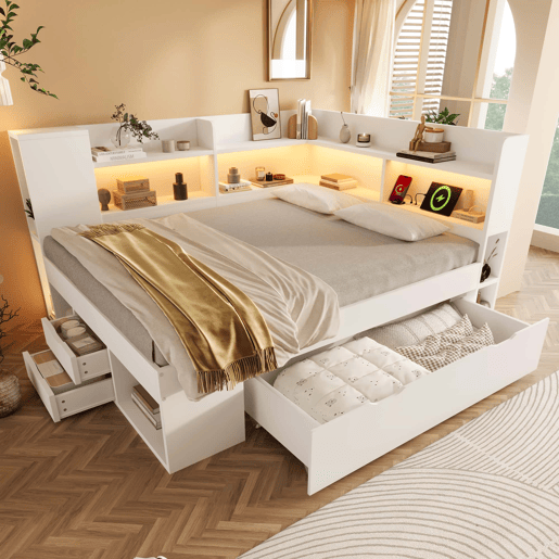 Cama funcional 140x200 cm - LED, USBTipo-C, arrumação e prateleiras - Branco Cama funcional 140x200 cm - LED, USBTipo-C, arrumação e prateleiras - Branco
