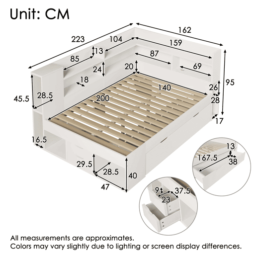 Cama funcional 140x200 cm - LED, USBTipo-C, arrumação e prateleiras - Branco Cama funcional 140x200 cm - LED, USBTipo-C, arrumação e prateleiras - Branco