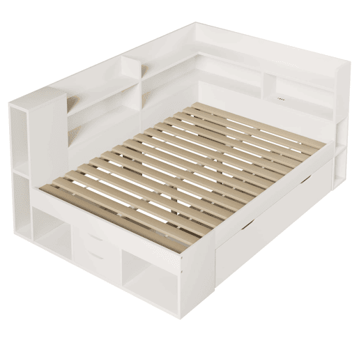 Cama funcional 140x200 cm - LED, USBTipo-C, arrumação e prateleiras - Branco Cama funcional 140x200 cm - LED, USBTipo-C, arrumação e prateleiras - Branco