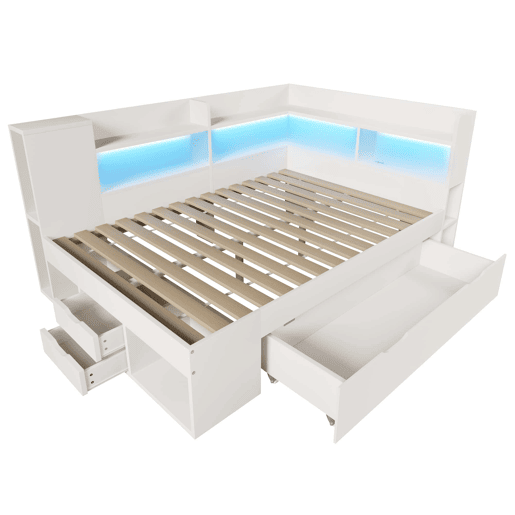 Cama funcional 140x200 cm - LED, USBTipo-C, arrumação e prateleiras - Branco Cama funcional 140x200 cm - LED, USBTipo-C, arrumação e prateleiras - Branco