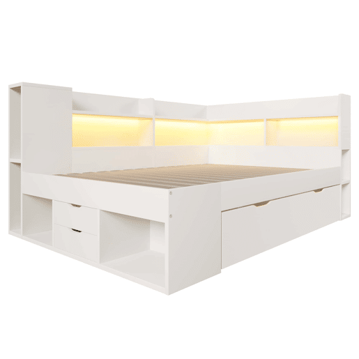 Cama funcional 140x200 cm - LED, USBTipo-C, arrumação e prateleiras - Branco Cama funcional 140x200 cm - LED, USBTipo-C, arrumação e prateleiras - Branco