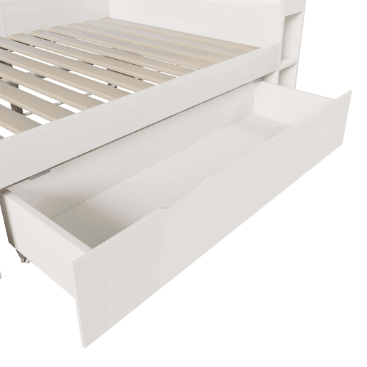 Cama funcional 140x200 cm - LED, USBTipo-C, arrumação e prateleiras - Branco Cama funcional 140x200 cm - LED, USBTipo-C, arrumação e prateleiras - Branco