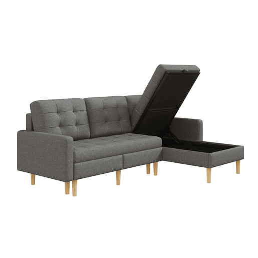 Sofá de canto em L 212x130x86 cm - chaise longue reversível, espaço de arrumação, 3 lugares, tecido não tecido, para espaços pequenos - cinzento Sofá de canto em L 212x130x86 cm - chaise longue reversível, espaço de arrumação, 3 lugares, tecido não tecido, para espaços pequenos - cinzento