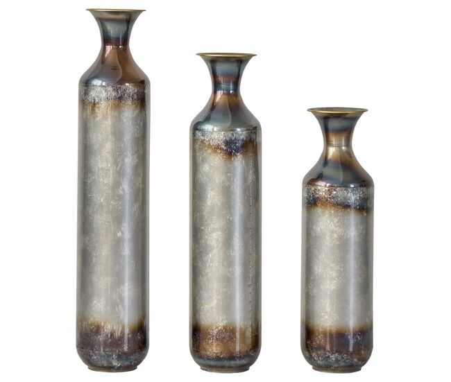 Jarrón de suelo metálico 3 piezas - artesanal estilo vintage quemado, decoración para salón y recibidor - multicolor