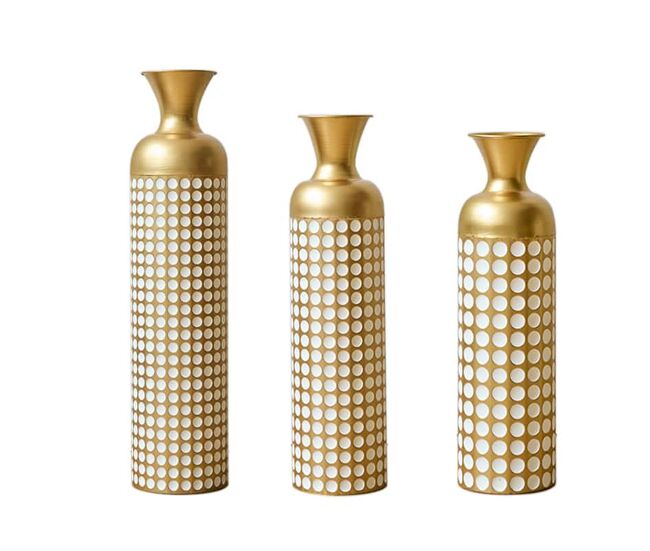 Jarrones de suelo 3 piezas (50/66/83 cm) - metal con patrón de puntos blancos, diseño elegante para flores secas y pampas - bronce antiguo y blanco
