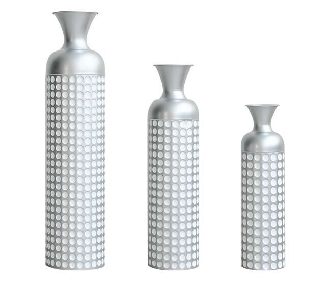 Jarrones de suelo metálicos 49,5/66/84 cm - set de 3 piezas con acabado brillante y diseño de puntos para flores secas y pampas - plata