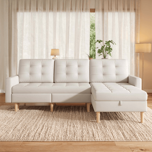 Sofá de canto 212 x 130 x 86 cm com arrumação - chaise longue reversível, sofá de canto de 3 lugares em tecido não tecido, para espaços pequenos, com baú - bege, 3 lugares Sofá de canto 212 x 130 x 86 cm com arrumação - chaise longue reversível, sofá de canto de 3 lugares em tecido não tecido, para espaços pequenos, com baú - bege, 3 lugares
