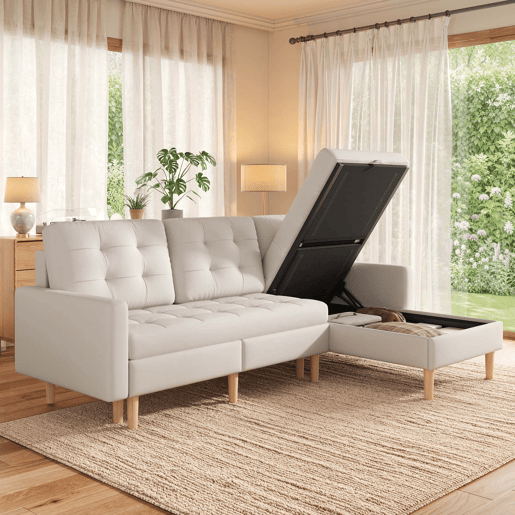 Sofá de canto 212 x 130 x 86 cm com arrumação - chaise longue reversível, sofá de canto de 3 lugares em tecido não tecido, para espaços pequenos, com baú - bege, 3 lugares Sofá de canto 212 x 130 x 86 cm com arrumação - chaise longue reversível, sofá de canto de 3 lugares em tecido não tecido, para espaços pequenos, com baú - bege, 3 lugares