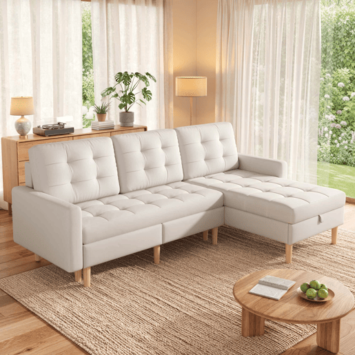 Sofá de canto 212 x 130 x 86 cm com arrumação - chaise longue reversível, sofá de canto de 3 lugares em tecido não tecido, para espaços pequenos, com baú - bege, 3 lugares Sofá de canto 212 x 130 x 86 cm com arrumação - chaise longue reversível, sofá de canto de 3 lugares em tecido não tecido, para espaços pequenos, com baú - bege, 3 lugares