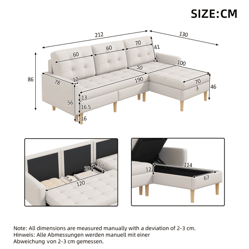 Sofá de canto 212 x 130 x 86 cm com arrumação - chaise longue reversível, sofá de canto de 3 lugares em tecido não tecido, para espaços pequenos, com baú - bege, 3 lugares Sofá de canto 212 x 130 x 86 cm com arrumação - chaise longue reversível, sofá de canto de 3 lugares em tecido não tecido, para espaços pequenos, com baú - bege, 3 lugares