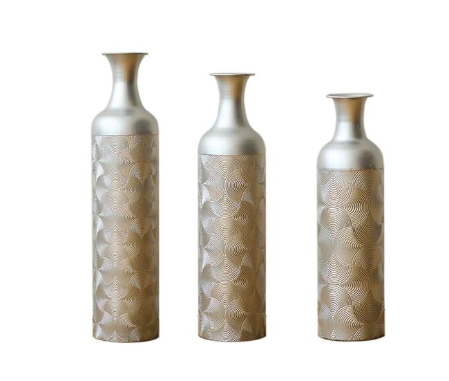 Set de jarrones decorativos 50/66/83 cm - 3 piezas de metal con diseño ondulado para plantas y decoración del hogar - plata