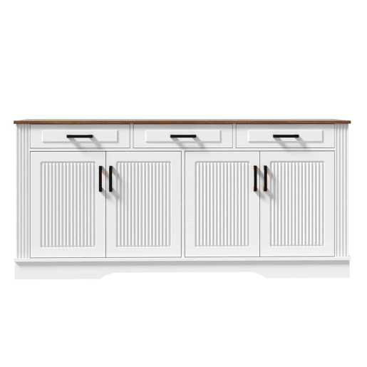 Aparador de sala de estar de 160 cm - 3 gavetas e 4 portas com padrĂ£o de riscas verticais em 3D - branco Aparador de sala de estar de 160 cm - 3 gavetas e 4 portas com padrĂ£o de riscas verticais em 3D - branco