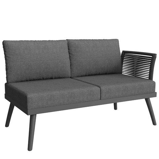 Sofá de jardim de canto com 7 lugares, com mesa de centro e poltrona - Conjunto modular resistente às intempéries, com estrutura de ferro, braços trançados e almofadas - Cinzento Sofá de jardim de canto com 7 lugares, com mesa de centro e poltrona - Conjunto modular resistente às intempéries, com estrutura de ferro, braços trançados e almofadas - Cinzento