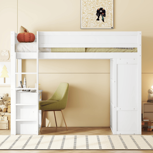Cama mezzanine 90x200 cm - cama de criança multifunções - equipada com roupeiro e secretária - em pinho maciço - Branco Cama mezzanine 90x200 cm - cama de criança multifunções - equipada com roupeiro e secretária - em pinho maciço - Branco