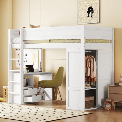 Cama mezzanine 90x200 cm - cama de criança multifunções - equipada com roupeiro e secretária - em pinho maciço - Branco Cama mezzanine 90x200 cm - cama de criança multifunções - equipada com roupeiro e secretária - em pinho maciço - Branco