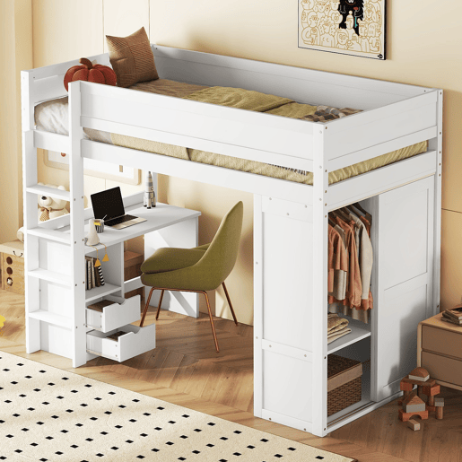 Cama mezzanine 90x200 cm - cama de criança multifunções - equipada com roupeiro e secretária - em pinho maciço - Branco Cama mezzanine 90x200 cm - cama de criança multifunções - equipada com roupeiro e secretária - em pinho maciço - Branco