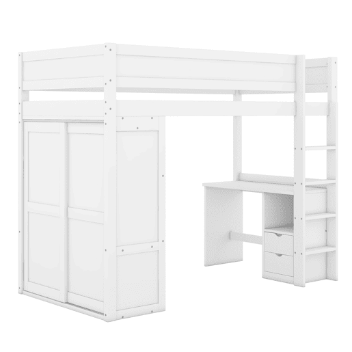 Cama mezzanine 90x200 cm - cama de criança multifunções - equipada com roupeiro e secretária - em pinho maciço - Branco Cama mezzanine 90x200 cm - cama de criança multifunções - equipada com roupeiro e secretária - em pinho maciço - Branco