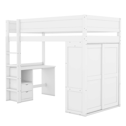 Cama mezzanine 90x200 cm - cama de criança multifunções - equipada com roupeiro e secretária - em pinho maciço - Branco Cama mezzanine 90x200 cm - cama de criança multifunções - equipada com roupeiro e secretária - em pinho maciço - Branco