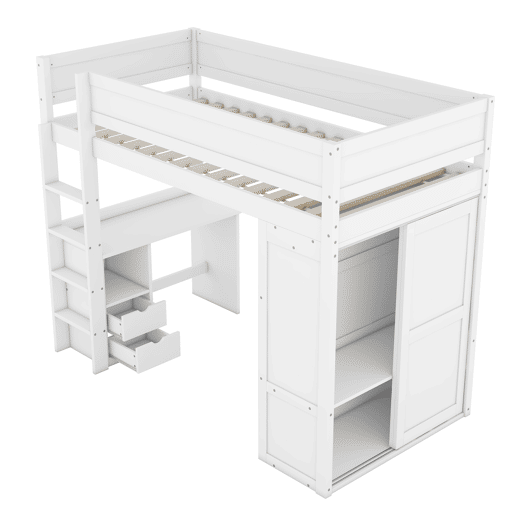 Cama mezzanine 90x200 cm - cama de criança multifunções - equipada com roupeiro e secretária - em pinho maciço - Branco Cama mezzanine 90x200 cm - cama de criança multifunções - equipada com roupeiro e secretária - em pinho maciço - Branco