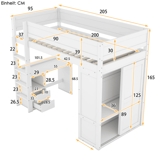 Cama mezzanine 90x200 cm - cama de criança multifunções - equipada com roupeiro e secretária - em pinho maciço - Branco Cama mezzanine 90x200 cm - cama de criança multifunções - equipada com roupeiro e secretária - em pinho maciço - Branco