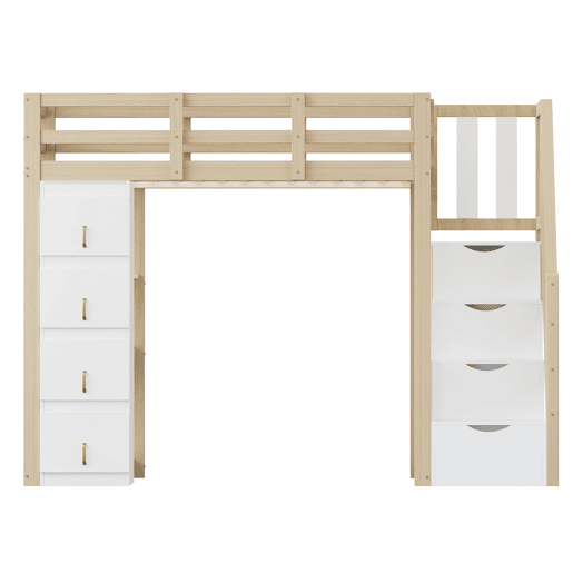 Cama alta 90 x 200 cm - madeira maciça multifuncional com gavetas, prateleiras múltiplas e escada segura com arrumação - natural Cama alta 90 x 200 cm - madeira maciça multifuncional com gavetas, prateleiras múltiplas e escada segura com arrumação - natural