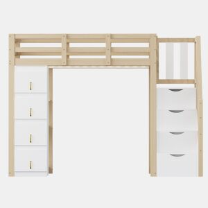 Cama alta 90 x 200 cm - madeira maciça multifuncional com gavetas, prateleiras múltiplas e escada segura com arrumação - natural