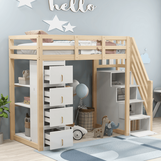 Cama alta 90 x 200 cm - madeira maciça multifuncional com gavetas, prateleiras múltiplas e escada segura com arrumação - natural Cama alta 90 x 200 cm - madeira maciça multifuncional com gavetas, prateleiras múltiplas e escada segura com arrumação - natural