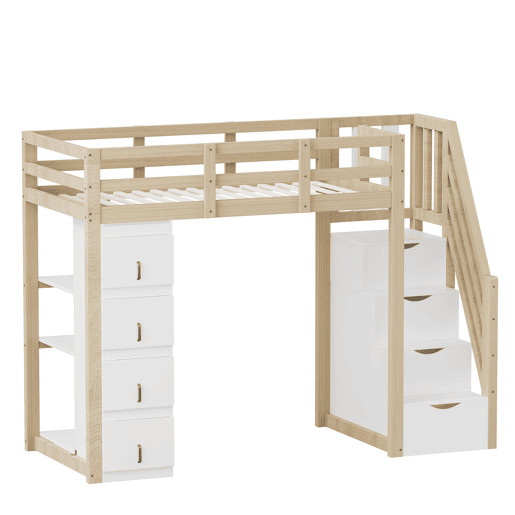 Cama alta 90 x 200 cm - madeira maciça multifuncional com gavetas, prateleiras múltiplas e escada segura com arrumação - natural Cama alta 90 x 200 cm - madeira maciça multifuncional com gavetas, prateleiras múltiplas e escada segura com arrumação - natural