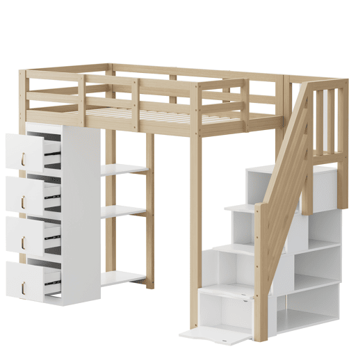 Cama alta 90 x 200 cm - madeira maciça multifuncional com gavetas, prateleiras múltiplas e escada segura com arrumação - natural Cama alta 90 x 200 cm - madeira maciça multifuncional com gavetas, prateleiras múltiplas e escada segura com arrumação - natural