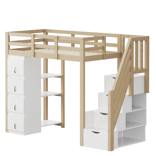 Cama alta 90 x 200 cm - madeira maciça multifuncional com gavetas, prateleiras múltiplas e escada segura com arrumação - natural Cama alta 90 x 200 cm - madeira maciça multifuncional com gavetas, prateleiras múltiplas e escada segura com arrumação - natural