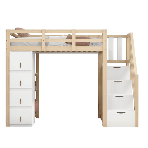 Cama alta 90 x 200 cm - madeira maciça multifuncional com gavetas, prateleiras múltiplas e escada segura com arrumação - natural Cama alta 90 x 200 cm - madeira maciça multifuncional com gavetas, prateleiras múltiplas e escada segura com arrumação - natural