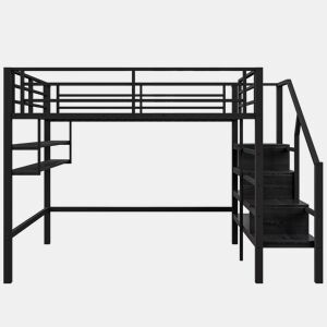 Cama alta metálica 140x200 cm - com prateleira e escada de arrumação - Preto