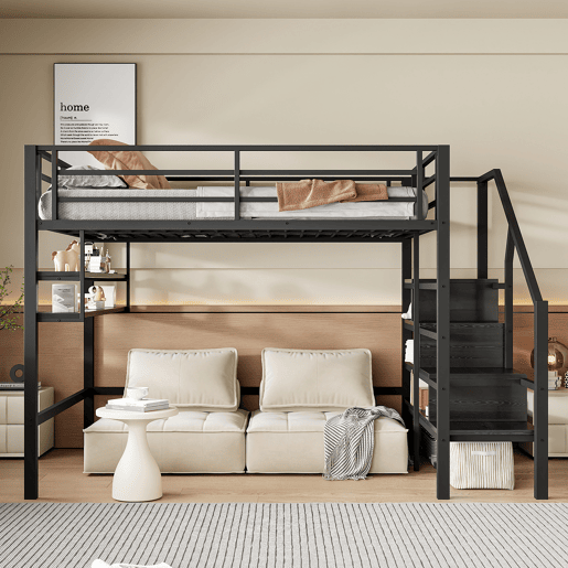 Cama alta metálica 140x200 cm - com prateleira e escada de arrumação - Preto Cama alta metálica 140x200 cm - com prateleira e escada de arrumação - Preto