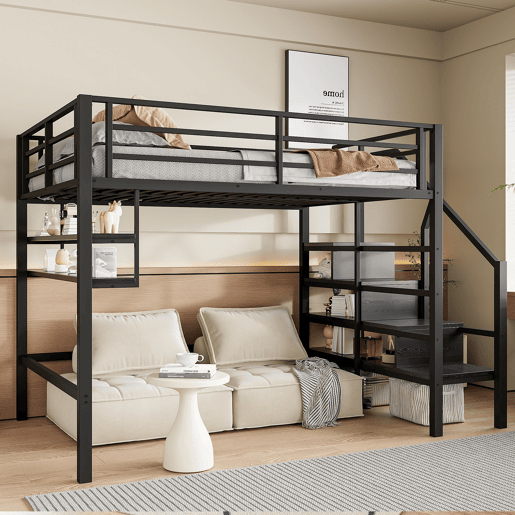 Cama alta metálica 140x200 cm - com prateleira e escada de arrumação - Preto Cama alta metálica 140x200 cm - com prateleira e escada de arrumação - Preto