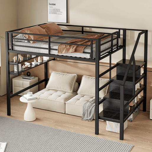 Cama alta metálica 140x200 cm - com prateleira e escada de arrumação - Preto Cama alta metálica 140x200 cm - com prateleira e escada de arrumação - Preto