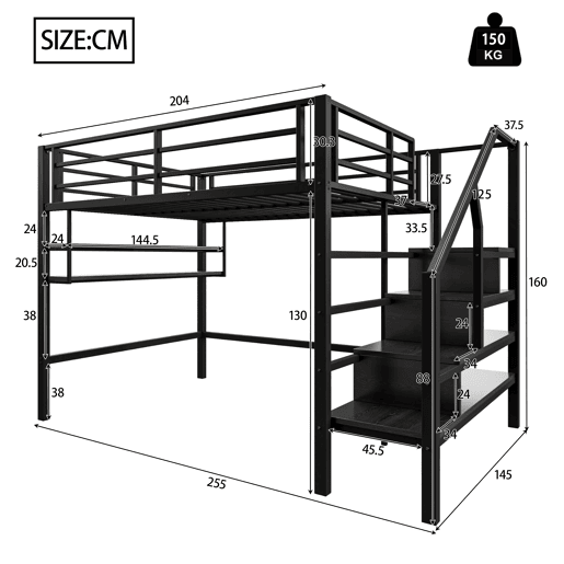 Cama alta metálica 140x200 cm - com prateleira e escada de arrumação - Preto Cama alta metálica 140x200 cm - com prateleira e escada de arrumação - Preto
