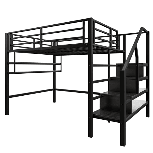 Cama alta metálica 140x200 cm - com prateleira e escada de arrumação - Preto Cama alta metálica 140x200 cm - com prateleira e escada de arrumação - Preto