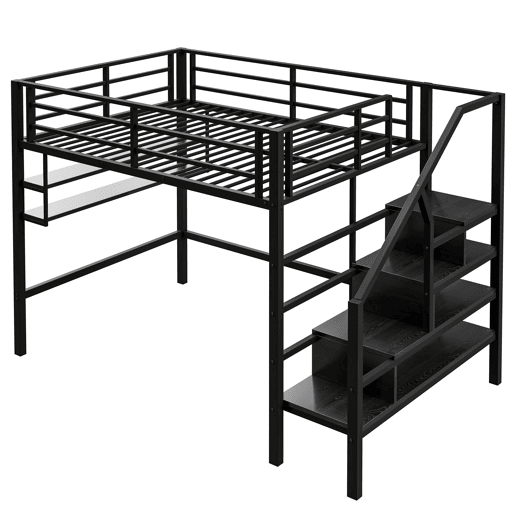 Cama alta metálica 140x200 cm - com prateleira e escada de arrumação - Preto Cama alta metálica 140x200 cm - com prateleira e escada de arrumação - Preto