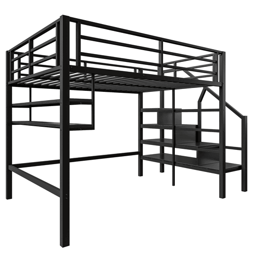 Cama alta metálica 140x200 cm - com prateleira e escada de arrumação - Preto Cama alta metálica 140x200 cm - com prateleira e escada de arrumação - Preto